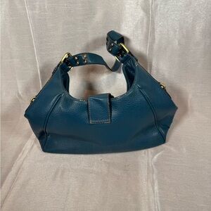 Tommy Hilfiger Teal Pebble Grain Leather Shoulder Bag Gold Buckle Accent
